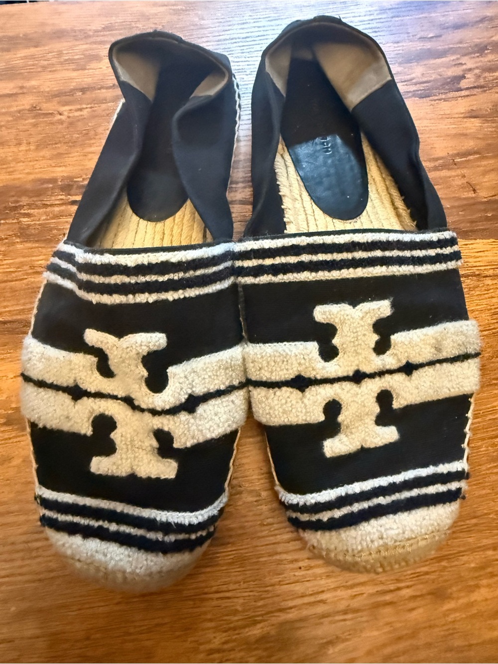 Tory Burch Black and Cream Logo Espadrille Slip-Ons